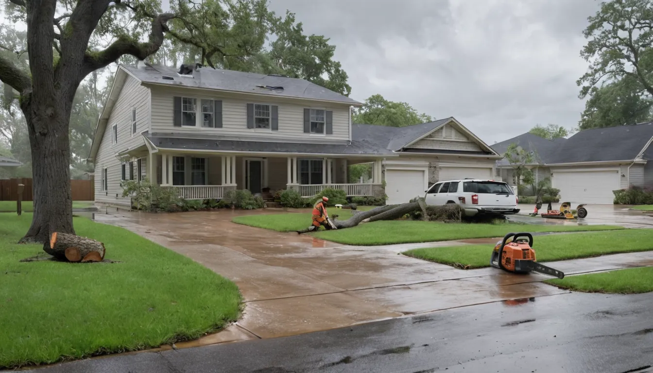 Local tree provider crew clearing a fallen tree from a Tucker home driveway after a storm