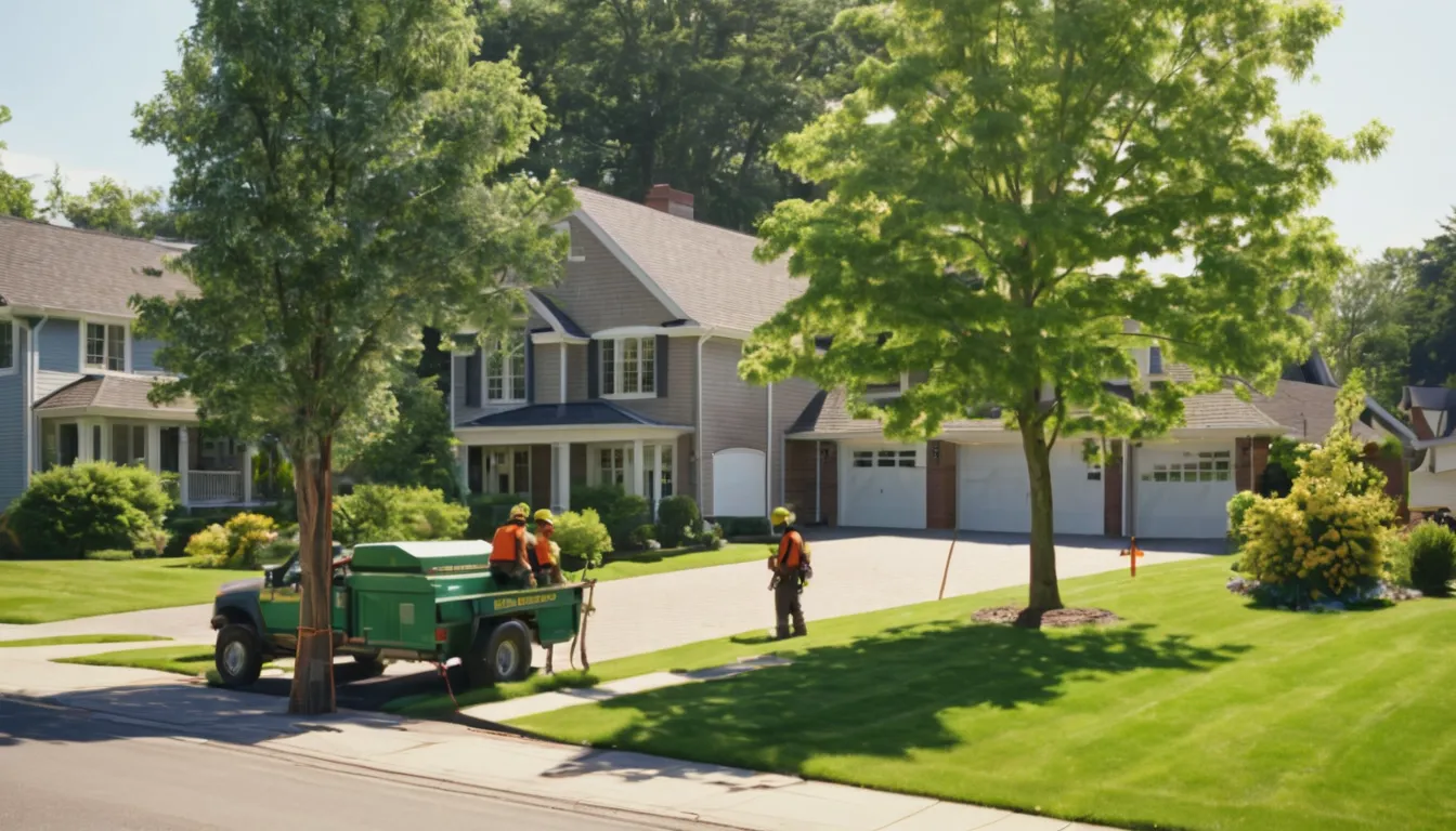 Local tree provider crew lowering a section of a large backyard tree near a brick house in Tucker